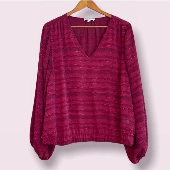 entro Tops - Entro Deep Red Balloon Sleeve V Neck Blouse